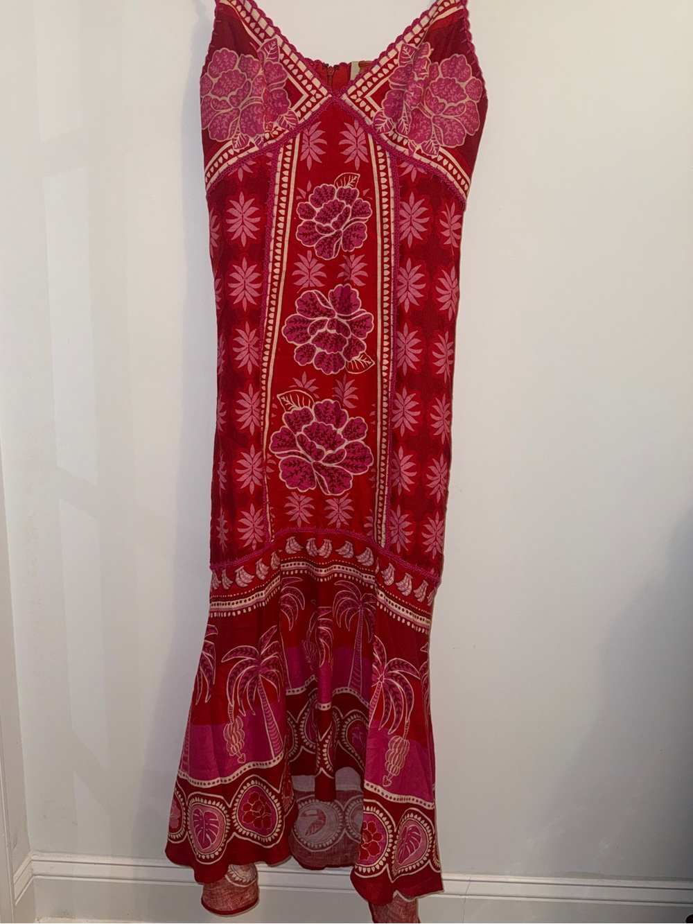 🌺 Farm Rio Summer Sunrise Embroidered Linen Maxi Dress Size Large Red Pink - Picture 8 of 16